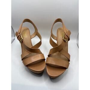 Franco Sarto Leather Strappy Wedge Heel Sandals in Tan